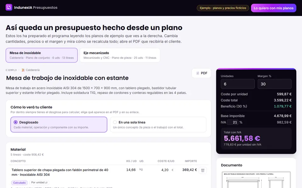 Presupuestos desde plano: captura del programa con datos ficticios